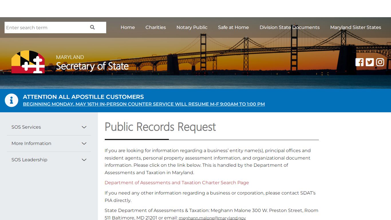 Public Records Request - Maryland Secretary of State